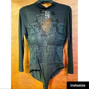 Black long sleeve, lace bodysuit with open back